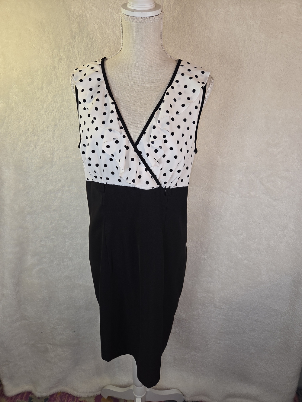 ALYX Limited Polka Dot Ruffle V-Neck Sheath Dress Black White Career Sz 18